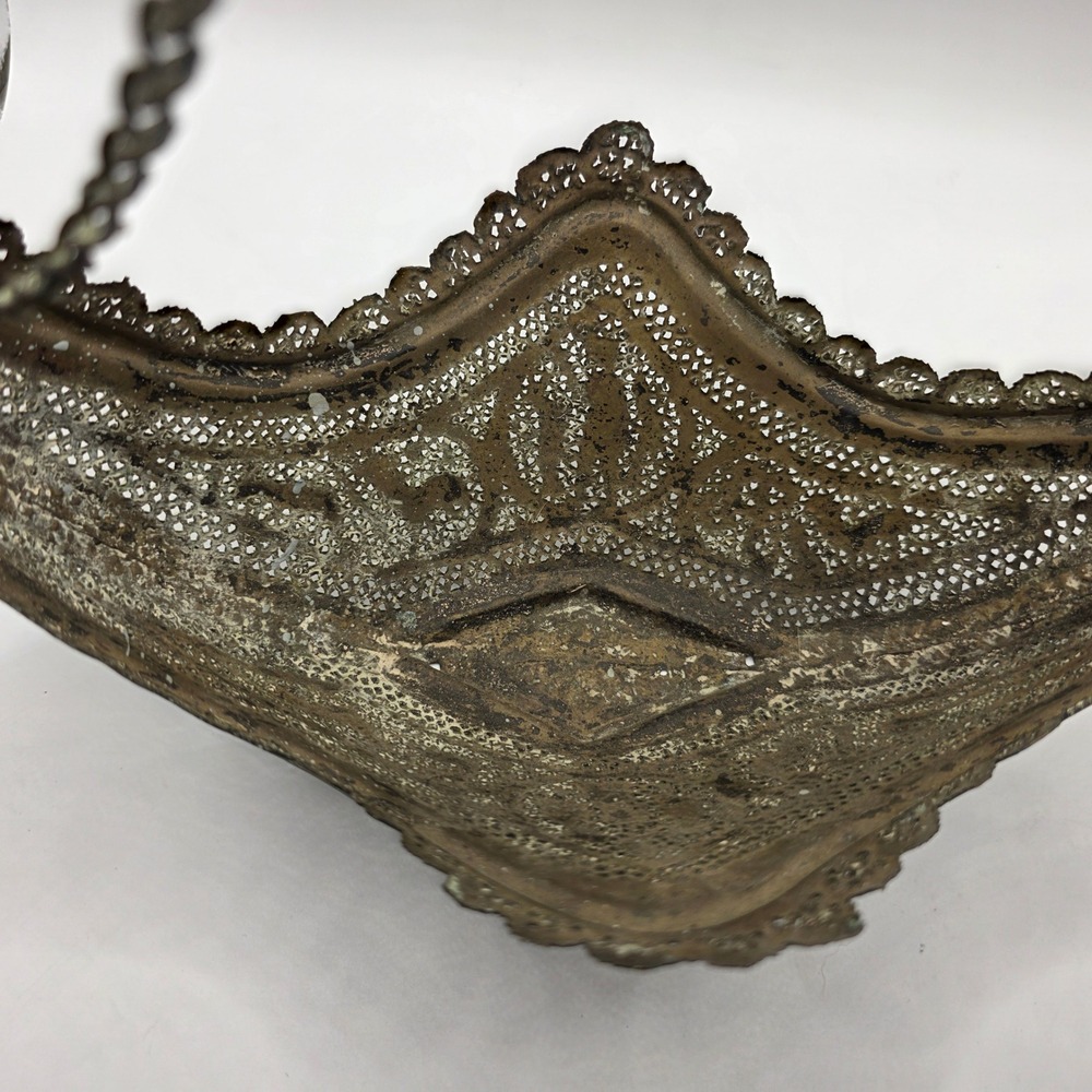 Hanging Indo-Persian Kashkul Beggars Bowl Filigree Metal Etched Hanging Vessel - Picture 5 of 10